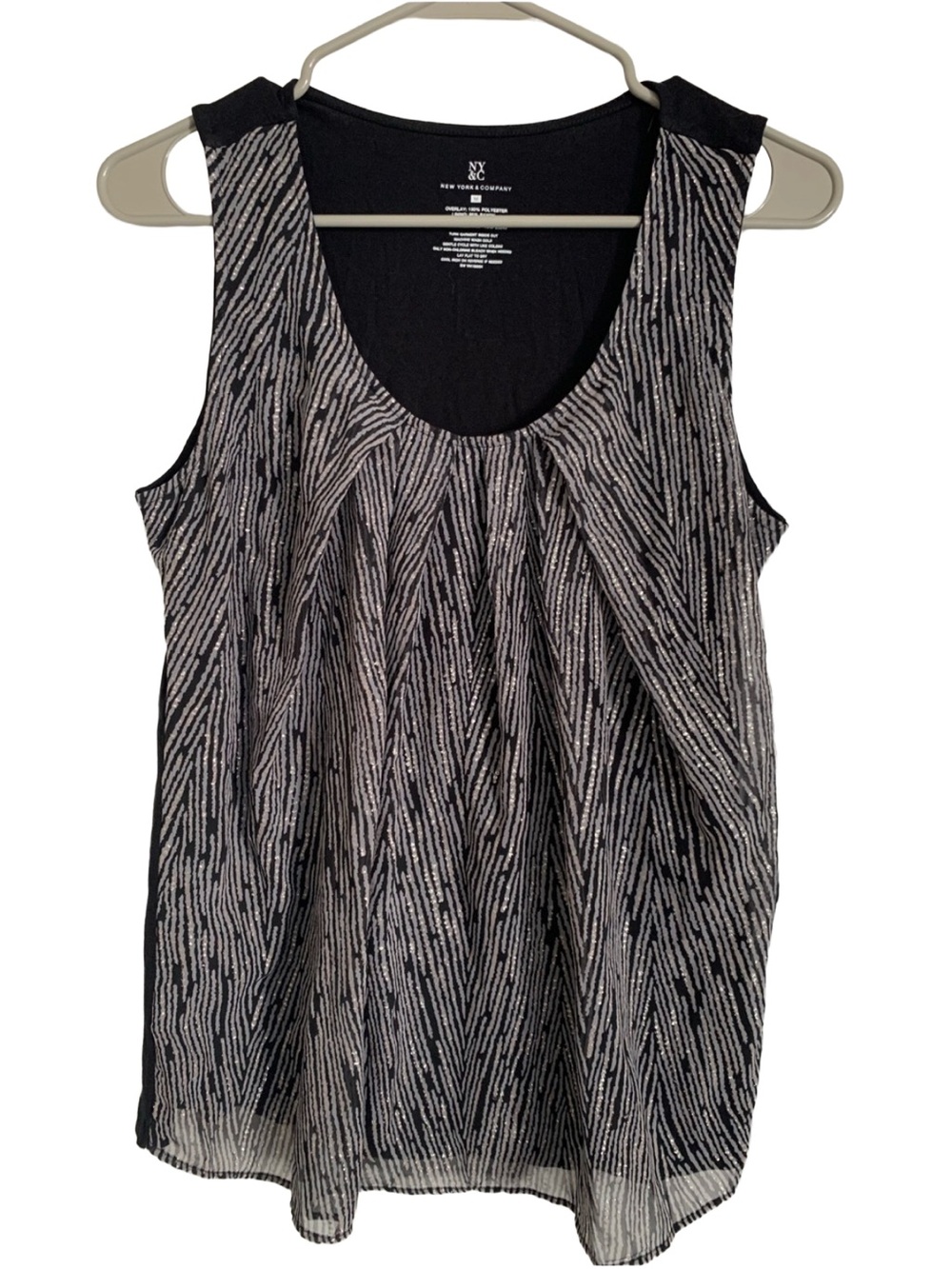 NEW YORK & CO Women’s Black Gray Round Neck Sleeveless Sheer Overlay Tank Blouse
